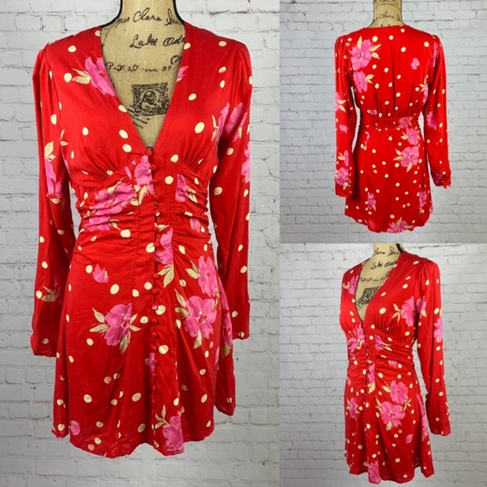 Free People Red Floral Button Down Ruched Side Dress